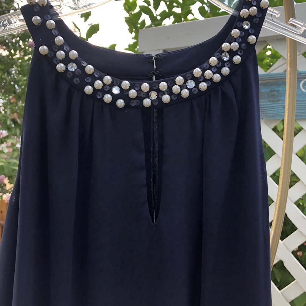 NAVY BLUE Special Occasion Dress from J.C. Penney. Pearls & Sequin Details.